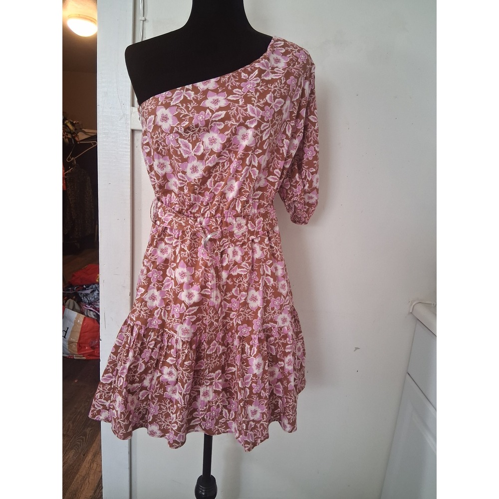 Jason Wu Asymmetric One-Shoulder Floral Mini Dress Brown Pink Tiered Ruffle